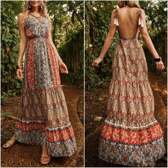 BellanBlue Dresses & Skirts - Boho Gypsy Floral Print Tassel Tie Open Back Maxi Dress
